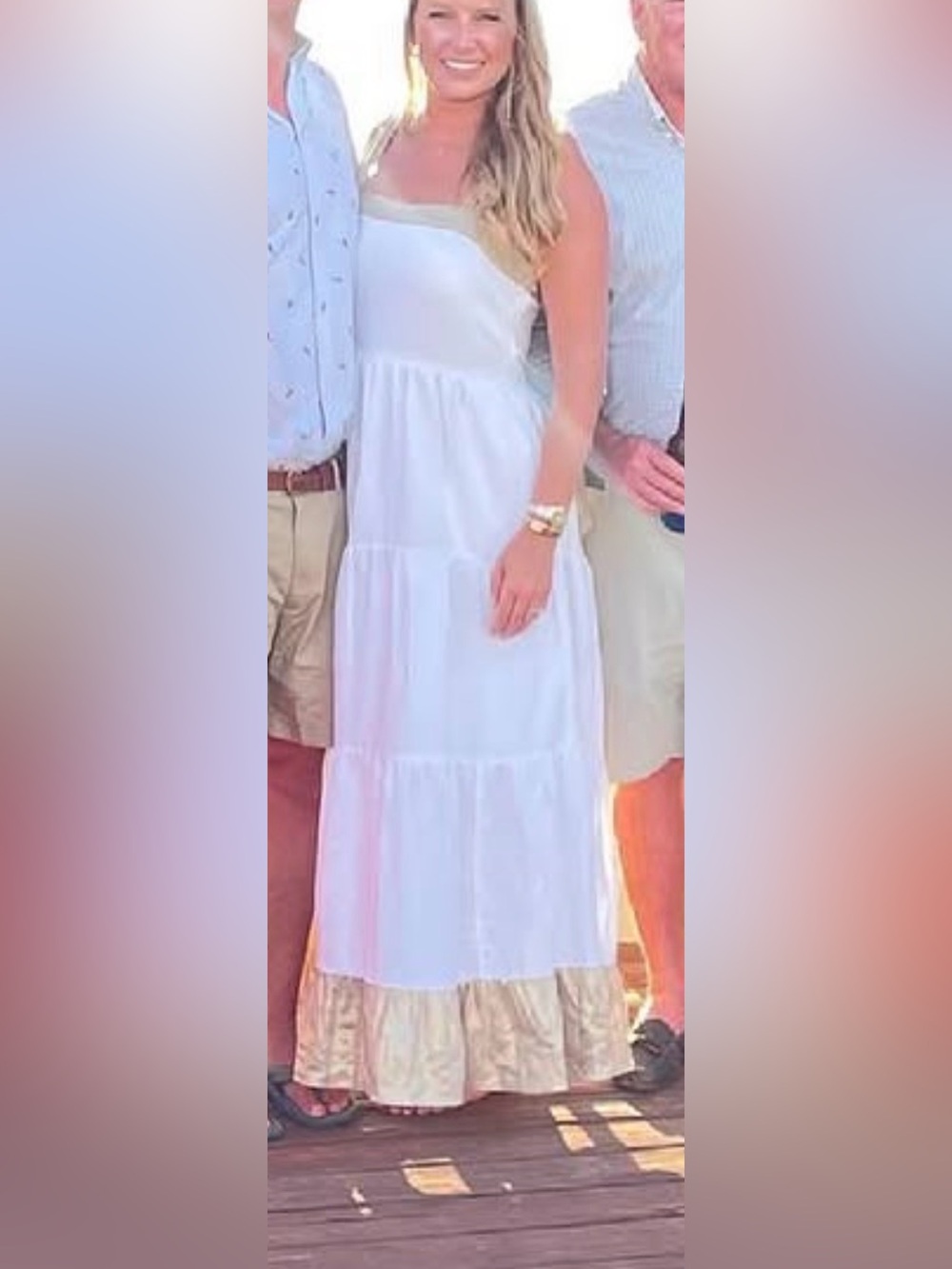 Emily McCarthy White Gold Tiered Maxi Dress Bow Shoulder M